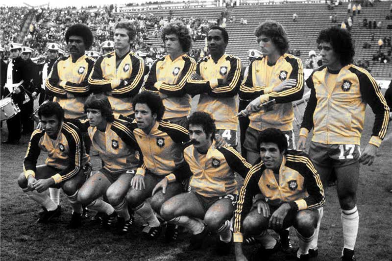 Brazil at the 1978 World Cup in Argentina. Back Row: Toninho Baiano, Leão, Edinho, Amaral, Oscar and Batista. Front Row: Gil, Zico, Reinaldo, Rivelino and Toninho Cerezo.